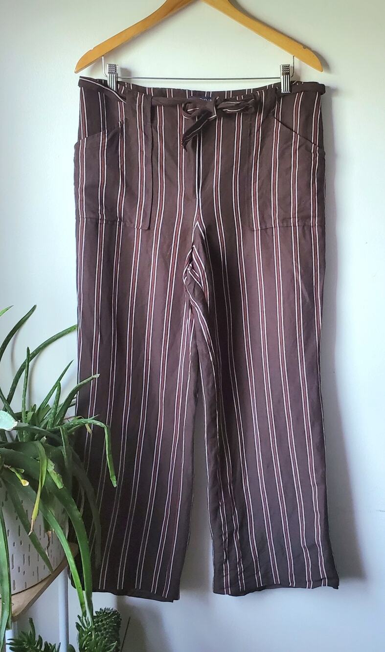 Ann Taylor Womens Brown Striped Wide Leg Linen Pants Size 14P Fall Preppy Beach